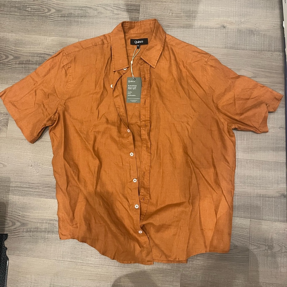 NWT Quince 100% European Linen Relaxed Short Sleeve Shirt in Terracotta, XL